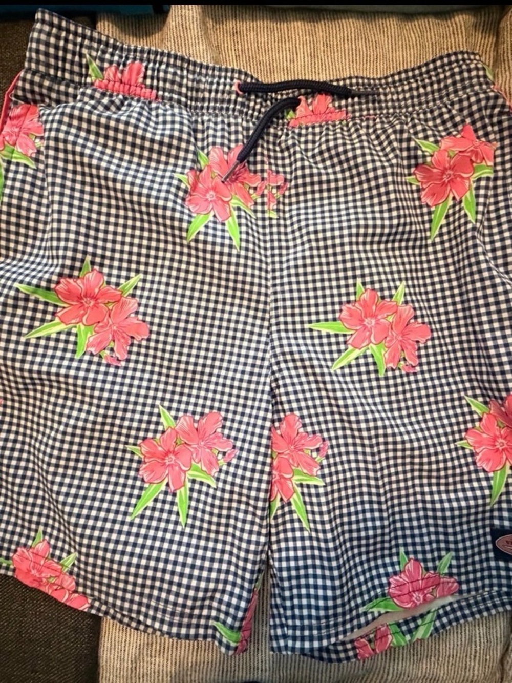 Vineyard Vines Navy Gingham Swim Trunks with Pink Floral Print